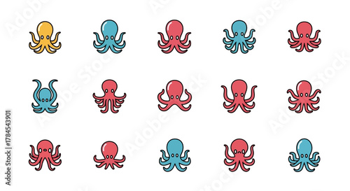 A collection of simple cartoon octopuses in various colors. Arranged in rows, these cephalopods are identical in design except for their hues. A playful, repetitive design on a blank background