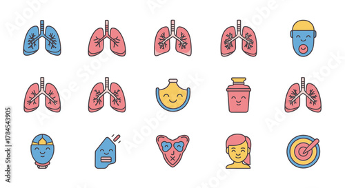 Vector illustration featuring colorful cartoon-style depictions of lungs and various anthropomorphic objects with smiling faces.  The collection includes stylized lungs, faces, and other forms