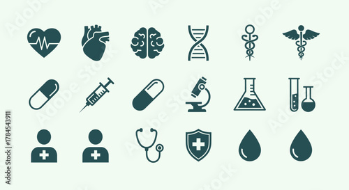 A collection of teal medical icons on a light background. Features heartbeat, organs, DNA, staff, doctor, stethoscope, shield, pills, drop, microscope