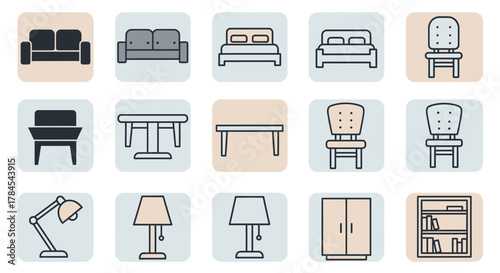 Icons depicting various pieces of furniture in a simple, flat design style. The icons are arranged in rows and columns and feature a neutral color palette