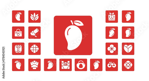 A collection of simple, red-squared icons, mostly depicting a white mango, along with various other abstract symbols