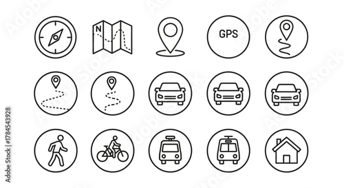 Collection of minimalist black and white icons featuring navigational tools, transportation, and a home symbol. Circular frames create a clean, organized design