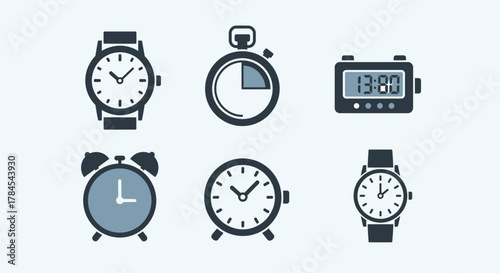 A collection of six different timekeeping devices wristwatches, a stopwatch, and digital/analog clocks, all in a flat design style, featuring different face designs
