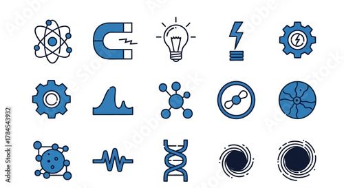 A series of science-themed icons featuring atomic structures, magnets, lightbulbs, lightning, gears, waves, molecular models, compasses, cells, and DNA. Two black holes complete the set