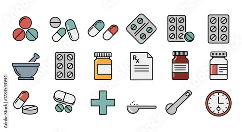A collection of pharmacy icons Pills, capsules, blister packs, bottles, a mortar and pestle, prescription, cross, measuring spoon, and a clock. The design has simple outlines and flat color fills