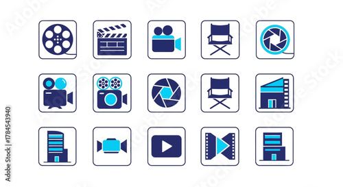 Vector illustration of various film and video icons in a grid. Included are reels, clapperboard, cameras, director chairs, aperture, a play button, and a filmstrip, along with building icons