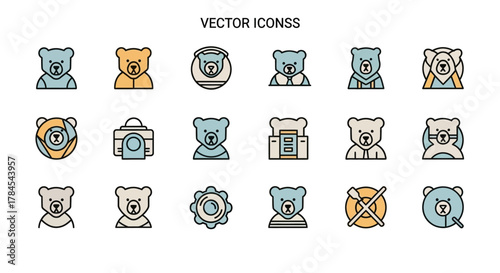 A vector illustration featuring various stylized bear icons in different colors and designs, perfect for user interfaces or design projects