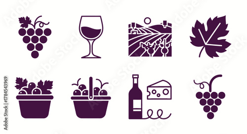 Stylized illustrations of wine-related elements in a monochrome palette. Includes grapes, a glass, vineyard scene, leaf, baskets, bottle with cheese, suggesting a theme