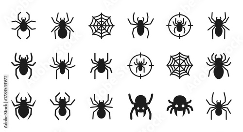 A collection of stylized spider icons and spider webs in a simple, flat design. Various silhouettes, some with crosshair targets, on a white backdrop