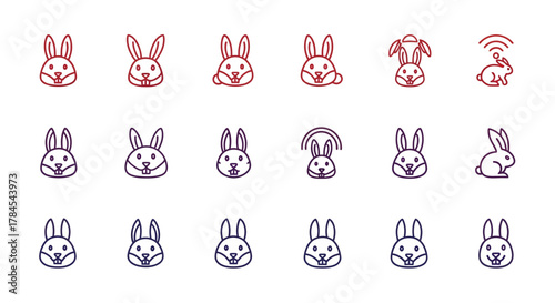 Collection of stylized bunny illustrations with various poses and details, in a gradient color scheme, showcasing different expressions and a connected icon