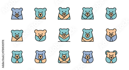 A collection of colorful bear head icons, in various shades of blue and tan, each with a unique neckwear design. Simple, geometric designs with black outlines. The image is on a white background