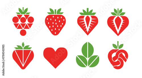 Eight stylized illustrations of strawberries and related elements, featuring geometric shapes, heart, and leafy designs in red and green against a white background