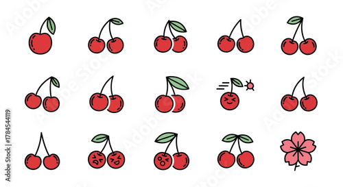 A collection of stylized red fruit icons, depicting various cherry illustrations with leaves and facial expressions, including a cherry blossom