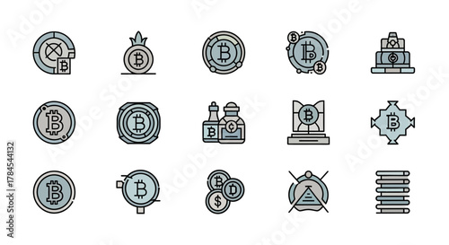 A collection of diverse stylized icons, primarily featuring circular and geometric shapes with a similar color palette and a prominent letter