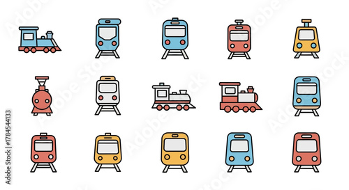 A collection of fifteen colorful, minimalist train icons, including steam engines and modern trains. Each is depicted in a front-facing view with bold outlines