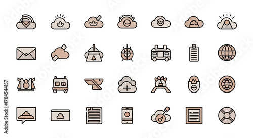 Collection of various minimalistic icons in a consistent style, featuring muted colors and black outlines. Imagery includes cloud-like shapes, vehicles, and technological and communication symbols