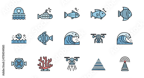 A series of vibrant, stylized illustrations showcasing marine life, waves, and technological elements like a drone and a tower, within a flat design aesthetic