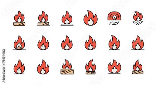 A collection of stylized illustrations depicting flames and fire, using diverse designs, color palettes, and layouts. The visuals are uniform in concept and employ distinct shapes