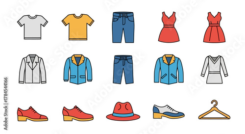 A collection of stylized, outlined clothing and accessories icons. Contains shirts, pants, jackets, dresses, shoes, hat, and a hanger. Flat design