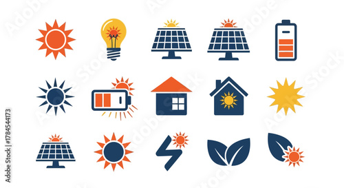 A collection of stylized icons related to solar energy and renewable power, featuring the sun, solar panels, batteries, houses, and leaves, with a vibrant color palette