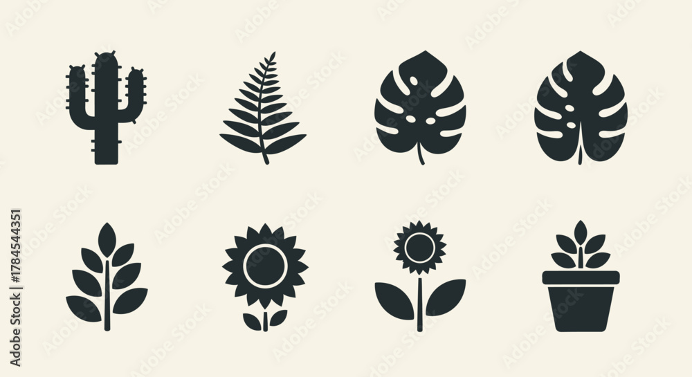 Fototapeta premium Stylized silhouettes of various plants and flowers on a cream background. Includes a cactus, fern, Monstera, sunflower, leaves, and potted plant. Simple, monochromatic design