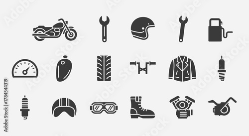 A collection of monochrome vector icons related to motorcycles and their associated equipment, like helmets and tools, presented on a light gray background