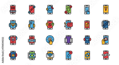 A collection of stylized smartphone icons, showcasing various functions and interactions.  Each phone displays a unique graphic, implying different features, messages, settings, or processes