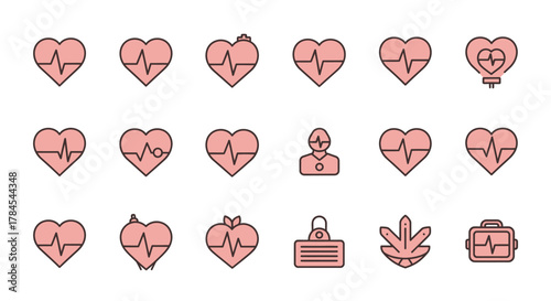 A collection of heart icons and related symbols featuring various shapes and objects. Each heart displays an electrocardiogram rhythm and other icons