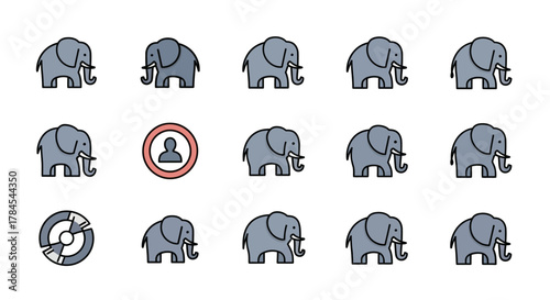An illustration features rows of stylized elephants, a user icon within a circle, and a pie chart. The graphics use a limited color palette and outlined design, perfect for digital use