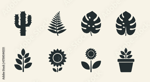 Stylized silhouettes of various plants and flowers on a cream background. Includes a cactus, fern, Monstera, sunflower, leaves, and potted plant. Simple, monochromatic design