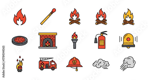 A collection of vibrant vector icons related to fire, safety, and firefighting, including flames, matches, campfires, fire alarms, and fire engines