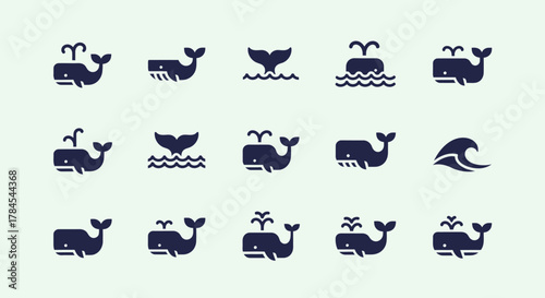 A grid of stylized whale icons in a simple, flat design with various poses, depicting the creatures and ocean elements. The graphics are rendered in a monochromatic palette