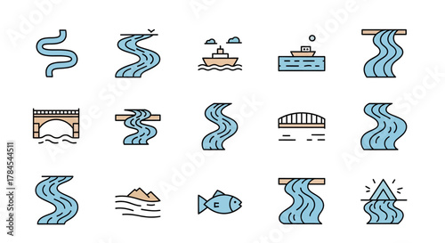 A collection of simple, colorful vector icons depicting various river-related elements like boats, bridges, and waterways, conveying a sense of nature and landscape