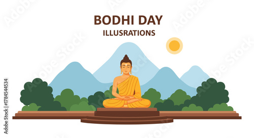 Bodhi Day Illustration Buddha Meditating in Serene Mountain Landscape