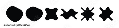 Set of Abstract Black Blob Shapes Illustrating Geometric Evolution, Mutation, and Transformation