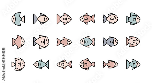 A grid of cartoon fish, in varying pastel colors and positions, lined up on a white background. Each fish has a black outline