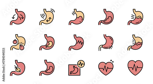 A set of illustrated icons depicting various conditions and functions of the human stomach. Imagery of digestion, disease, and health are displayed. Includes heart