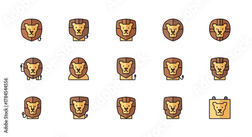 A collection of stylized, geometric lion illustrations. Each variation uses muted color, and simple lines, representing the animal in a variety of poses and styles