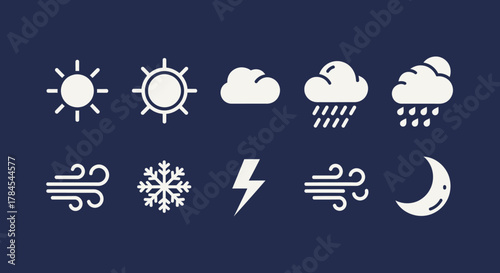 A stylized icon set depicting diverse weather conditions sun, clouds, rain, wind, snow, lightning, and a moon. Each symbol is simple and vector-based against a dark blue background