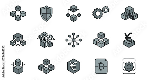 A collection of simple, flat icons with a consistent style. They include geometric shapes, gears, and financial symbols, set against a white background. Outlines and muted colors
