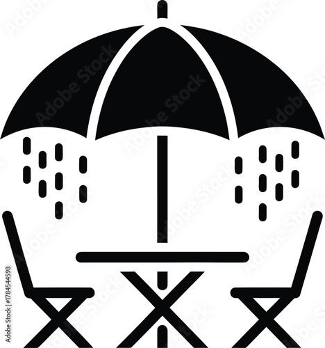 Outdoor dining under umbrella in rain vector icon weather protection eps silhouette