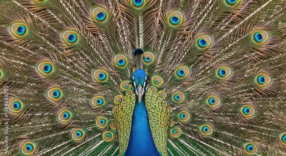 Obraz premium Vibrant peacock displaying colorful iridescent plumage with eye spots
