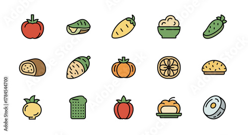 A colorful collection of stylized food icons featuring a variety of fruits, vegetables, and prepared dishes, each depicted with clean lines and vibrant hues