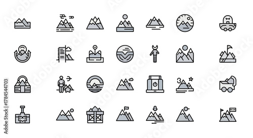 A set of simple, stylized icons depicting various mountainous landscapes, buildings, vehicles and figures. Icons include mountains, sun, flags, people, and objects. Gray, black, and light colors