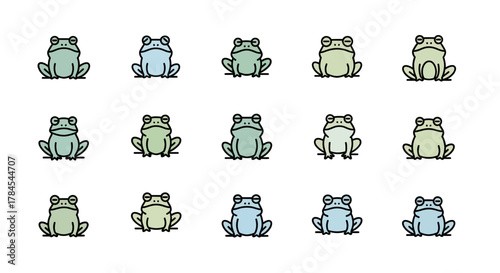 Cartoon frogs in various pastel hues are depicted in a grid formation, each with round eyes and a simple design. They sit on a line and convey a calm or sleepy mood