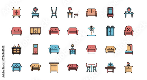 A collection of simple, colorful illustrations featuring various pieces of furniture like sofas, chairs, dressers, lamps, and tables, all in a flat design style, arranged on a white background