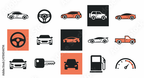 Collection of simplified vehicle icons, including cars, steering wheels, keys, fuel pump, and speedometer, with varying colors and backgrounds