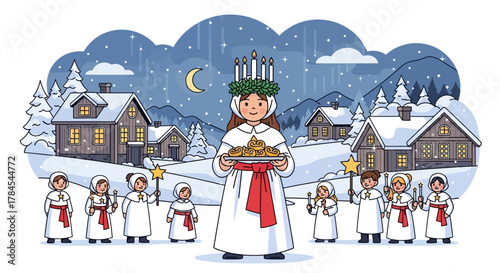 Lucia celebration in a snowy village with children holding candles and baked goods