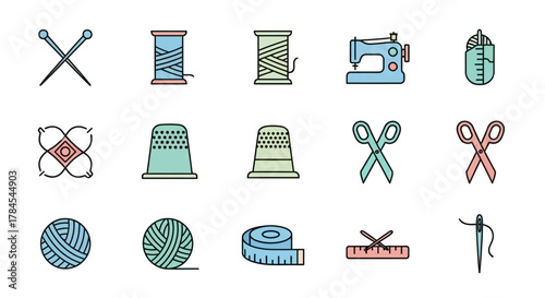 A collection of colorful, flat-style icons representing various sewing and crafting tools. Images include needles, thread spools, a sewing machine, scissors, thimbles, yarn, and a measuring tape