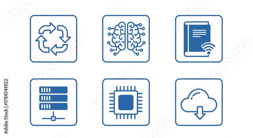 A grid of six blue icons on white background, each within a square. Icons depict recycling, brain/circuit, book/WiFi, servers, CPU, and cloud download
